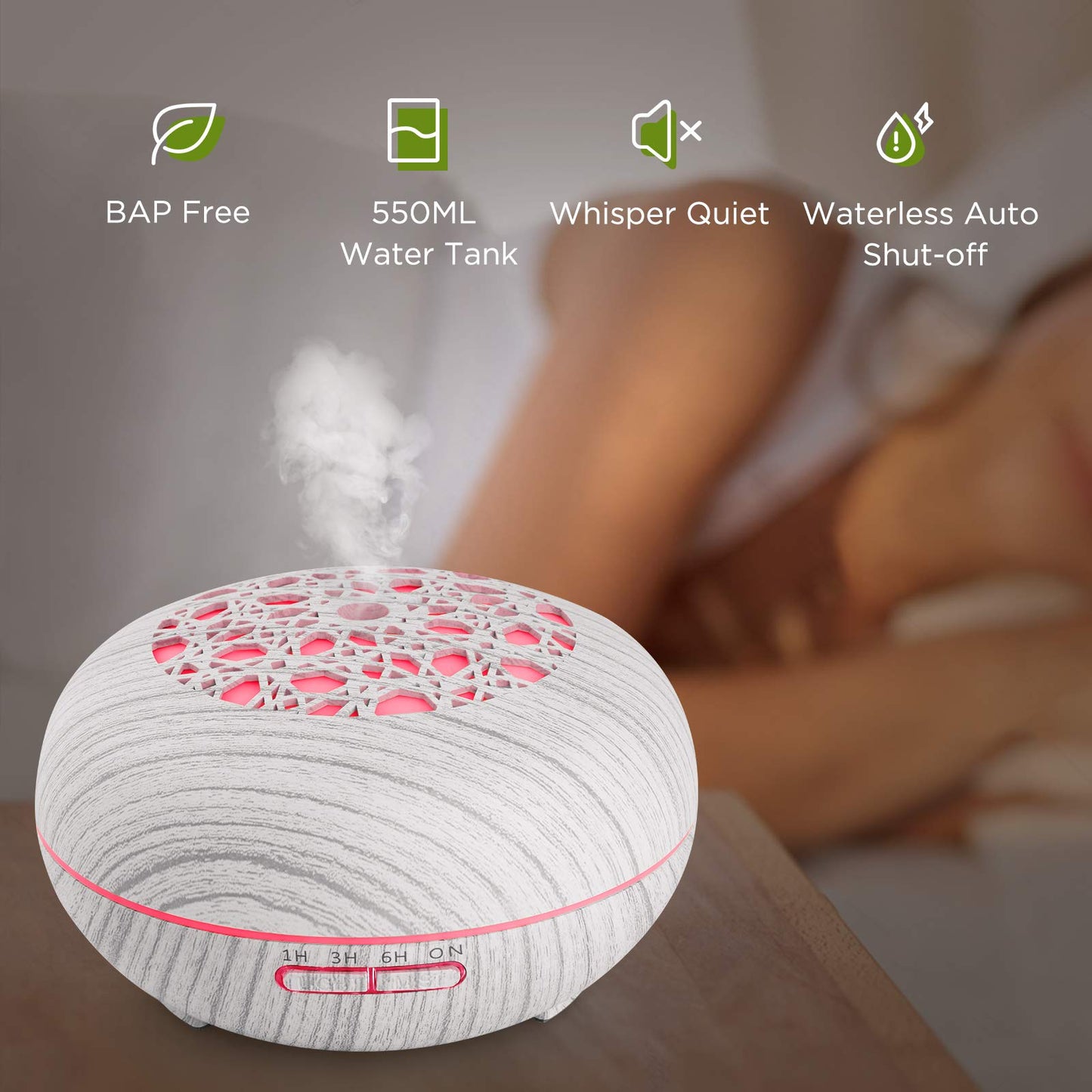 Aroma Diffuser Luftbefeuchter 550ml mit Fernbedienung, Ultraschall Vernebler Duftlampe Öle Diffusor mit 7 Farben LED Wasserlose Abschaltautomatik