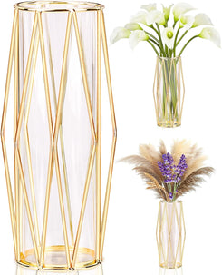 Gold Vases Decoration for Pampas Grass, Scandinavian High Floor Vase with Metal Frame for Wedding Centrepiece or Desk Office, 28 cm High