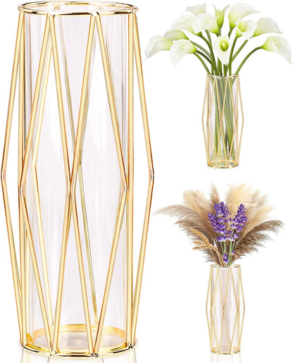 Gold Vases Decoration for Pampas Grass, Scandinavian High Floor Vase with Metal Frame for Wedding Centrepiece or Desk Office, 28 cm High