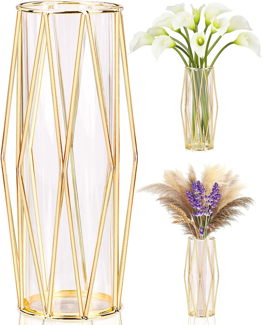 Gold Vases Decoration for Pampas Grass, Scandinavian High Floor Vase with Metal Frame for Wedding Centrepiece or Desk Office, 28 cm High