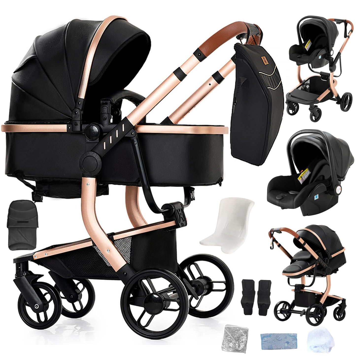 Reenborn 3-in-1 Pushchair, Buggy with Two Reversible Sliding Modes, Pushchair with Frame Aluminium Alloy, Baby Pram, 3-in-1 Complete Set with One-Click Folding Design
