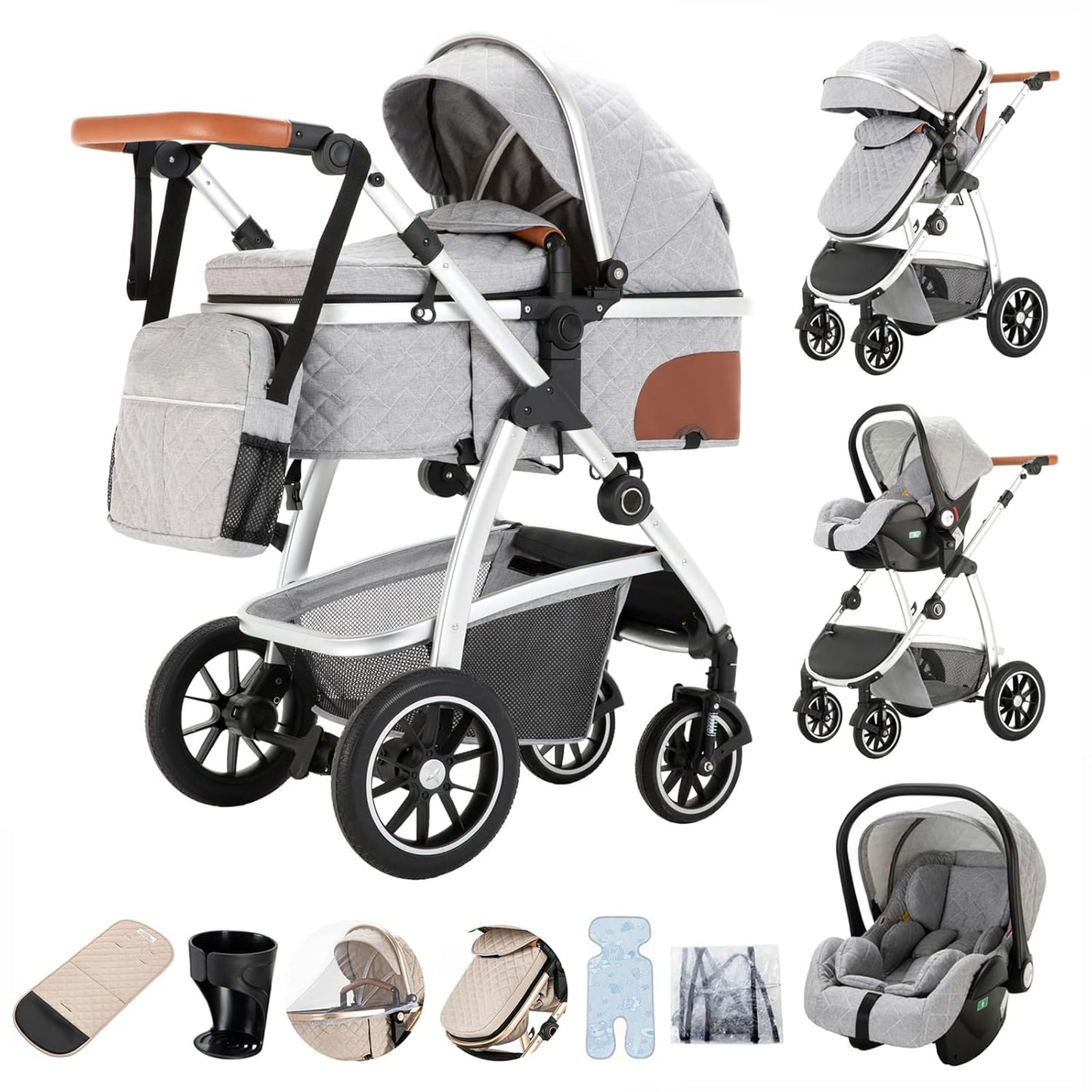 3-in-1 Pram Set with Seat, Baby Bed is Foldable, Adjustable Reclining Position,up to 15 kg, 0-3 Years