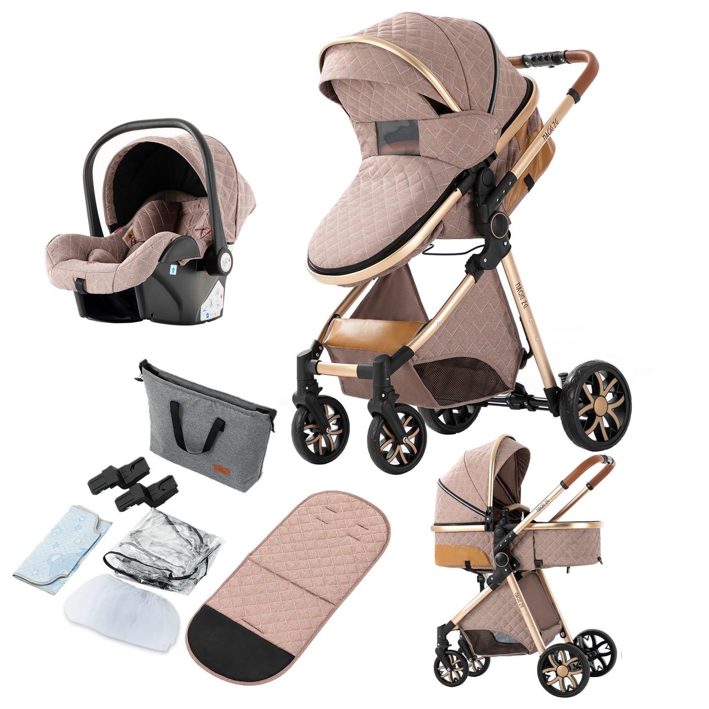 Reenborn 3-in-1 Pushchair, Buggy with Two Reversible Sliding Modes, Pushchair with Frame Aluminium Alloy, Baby Pram, 3-in-1 Complete Set with One-Click Folding Design