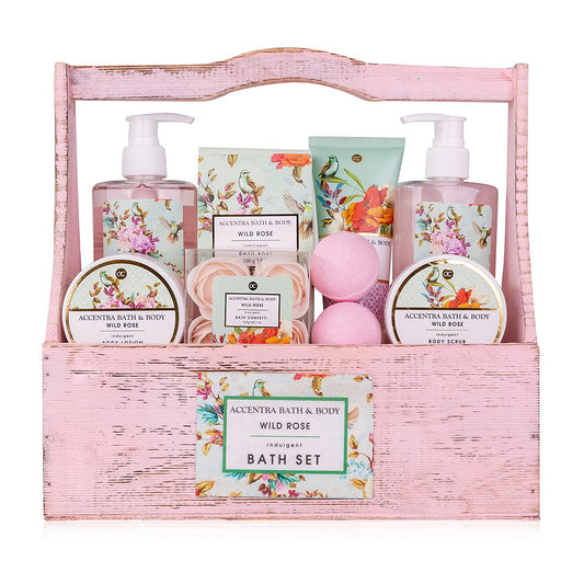 Accentra – Duschset Frauen Geschenkset im Holzkorb – 8-teiliges Pflegeset mit Duschgel, Bodylotion, Badezusätzen, Peeling & Handcreme – Wellness Geschenk Set