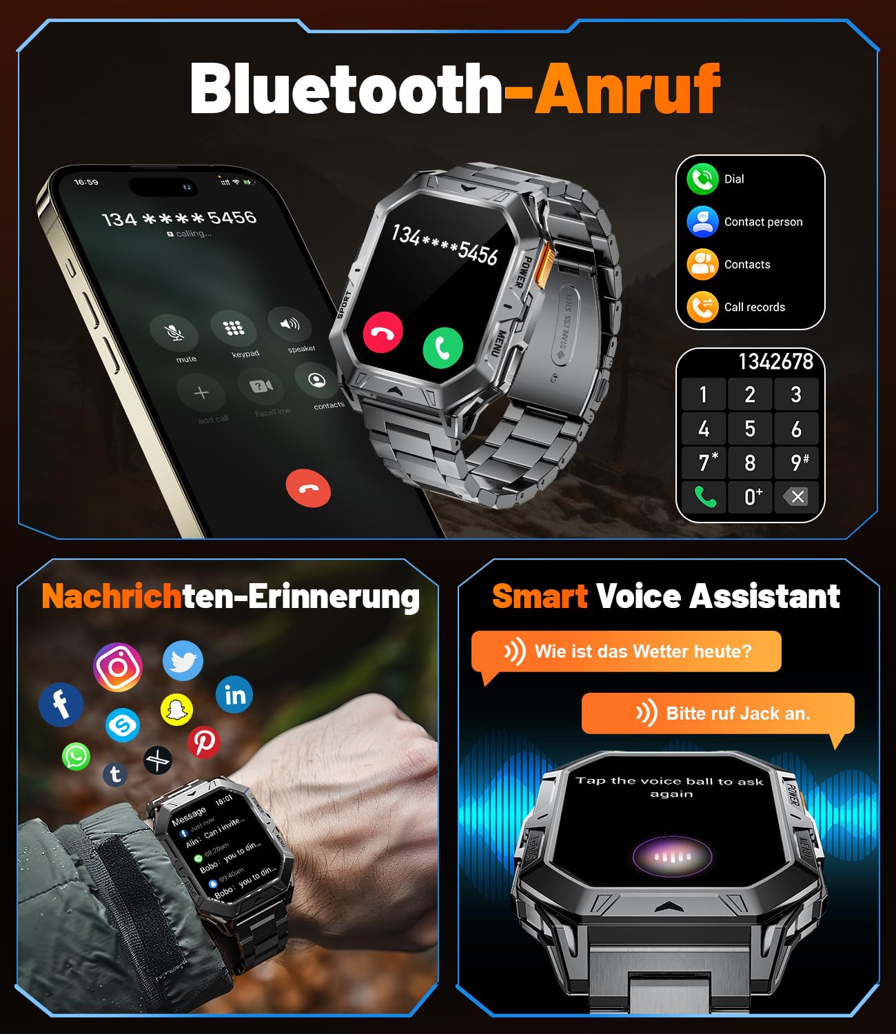Smartwatch Herren Militär, 2.13" AMOLED mit 256 MB,1000mAh Akku, Barometerdruck/ Höhenmesser/Kompass, Smart Watch mit Telefonfunktion, 100+ Sportmodi Fitness-Tracker, 10ATM Wasserdicht für Android iOS