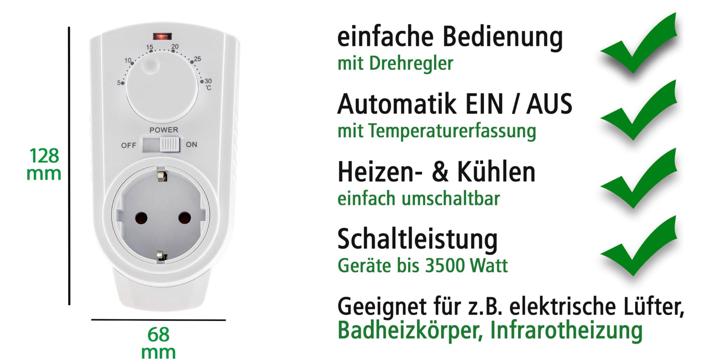Socket Thermostat, Max. 3500 W, On/Off/Auto, 230 V for Heating and Cooling Devices