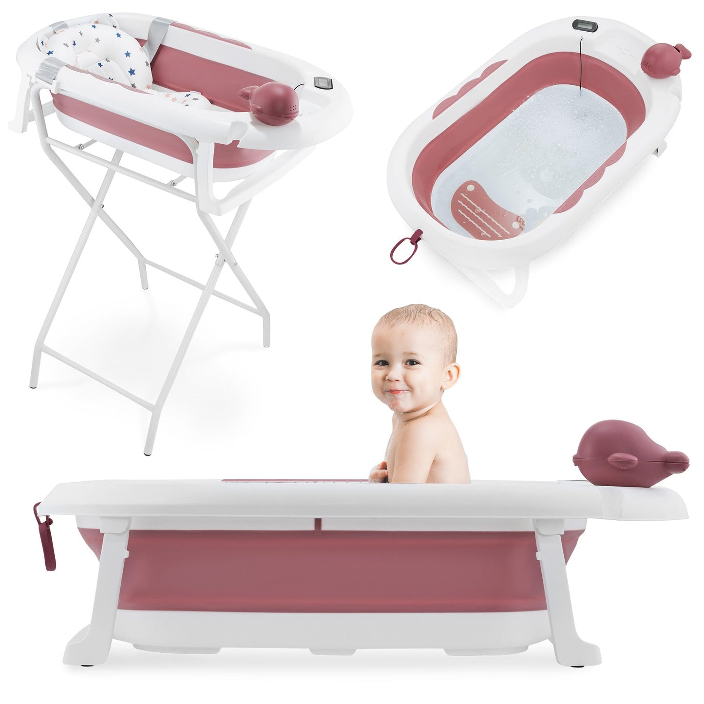 Moby-System Foldable Baby Bathtub with Insert, LCD Thermometer & Frame - Secure Hold from Birth, Ergonomic