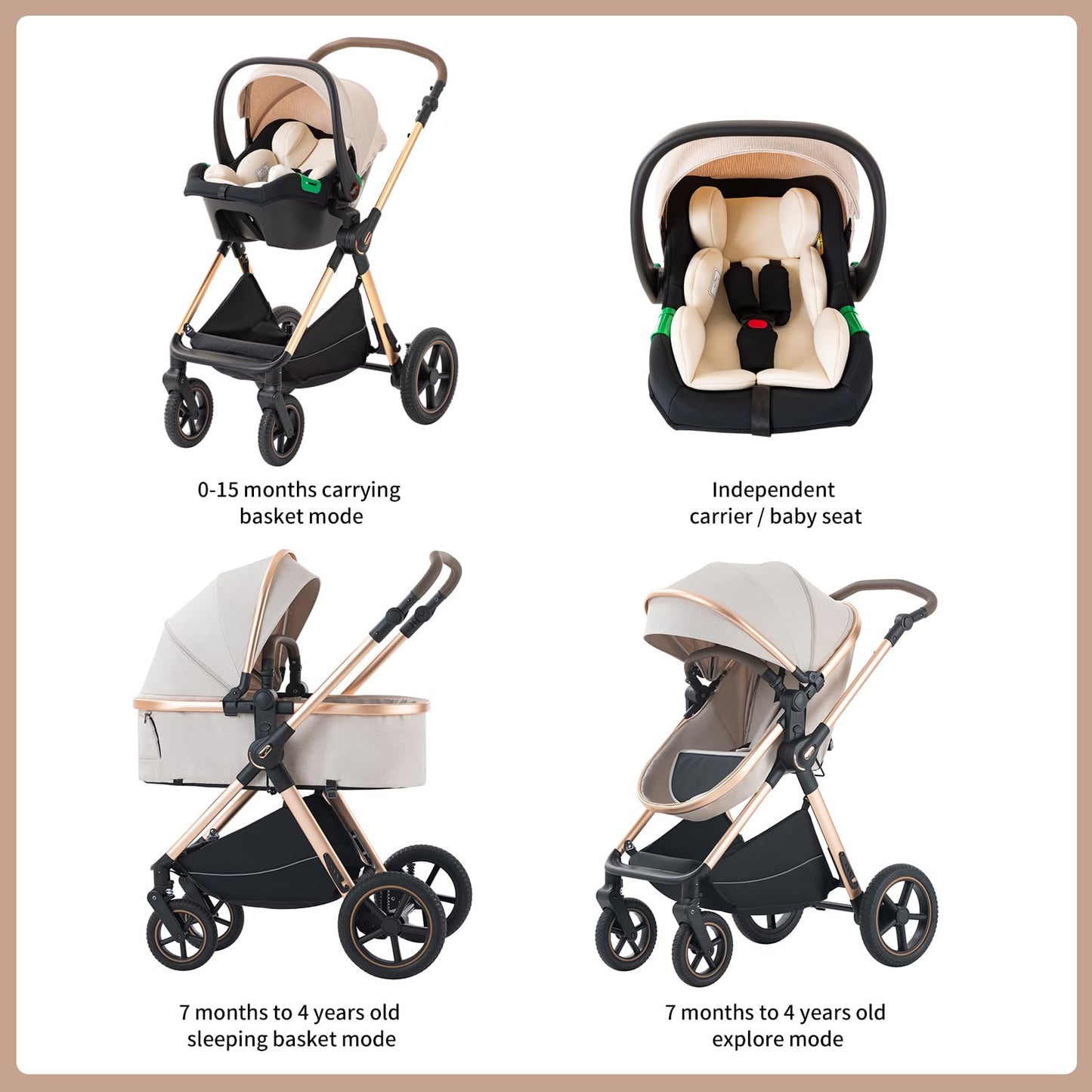 Shineey 3-in-1 Pushchair, Buggy, Foldable Pushchair Set, Combination Pushchair 3-in-1 with Large Comfortable Baby Carrycot Frame, Aluminium Alloy