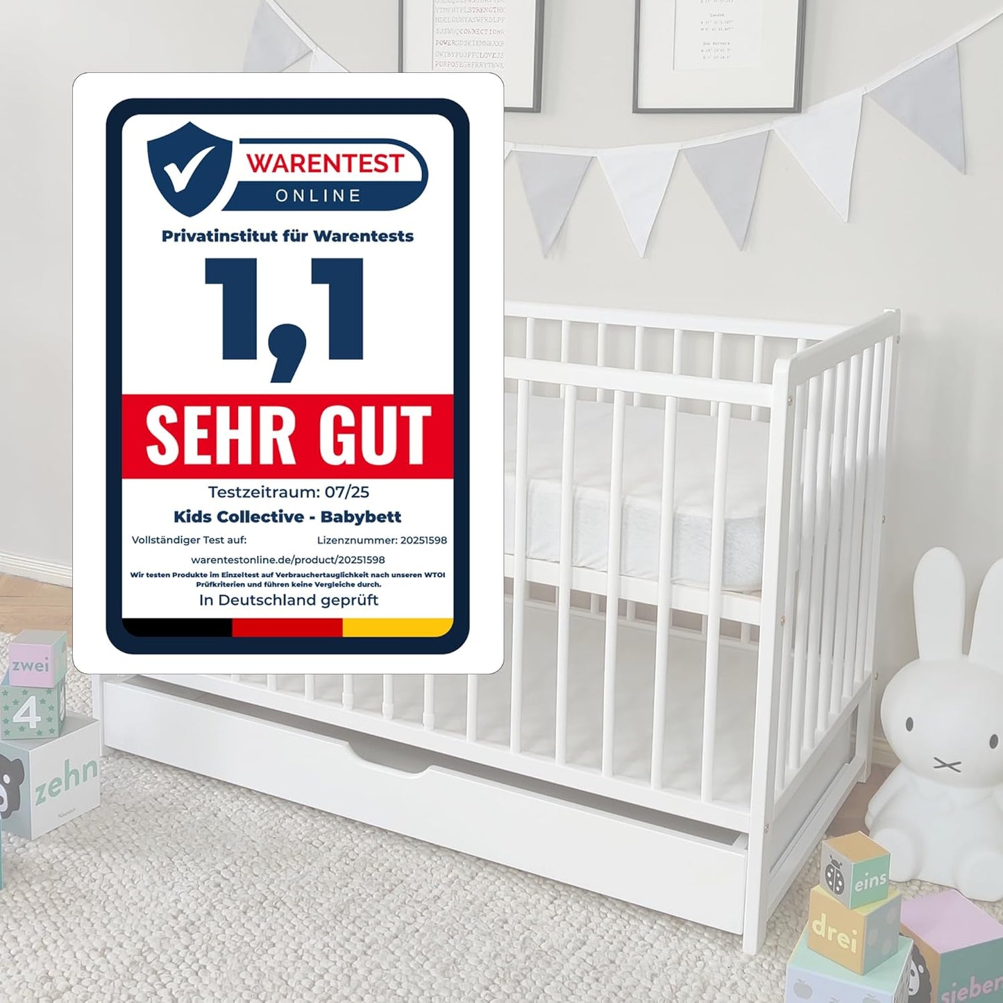 Babybett Kinderbett 60x120 cm Gitterbett Baby Bett Komplett-Set, Lattenrost höhenverstellbar