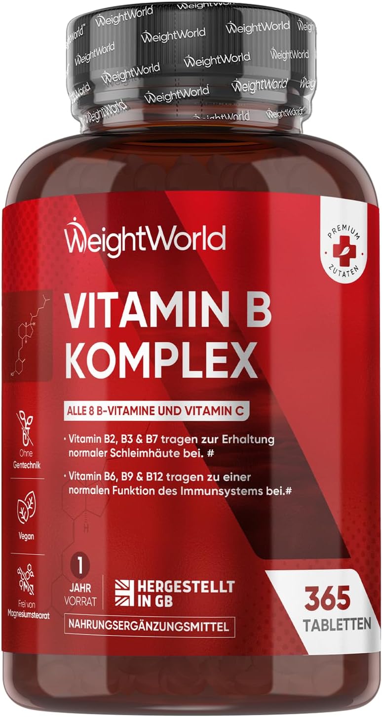 Vitamin B Complex - With Vitamin C - 365 Tablets - All 8 B Vitamins (B1, B2, B3, B5, B6, B7, B9, B12) - 1 Year Supply - Nervous System, Metabolism, Mental Function - Niacin, Biotin, Folic Acid