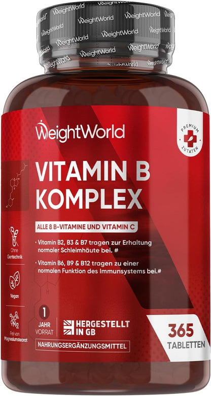Vitamin B Complex - With Vitamin C - 365 Tablets - All 8 B Vitamins (B1, B2, B3, B5, B6, B7, B9, B12) - 1 Year Supply - Nervous System, Metabolism, Mental Function - Niacin, Biotin, Folic Acid