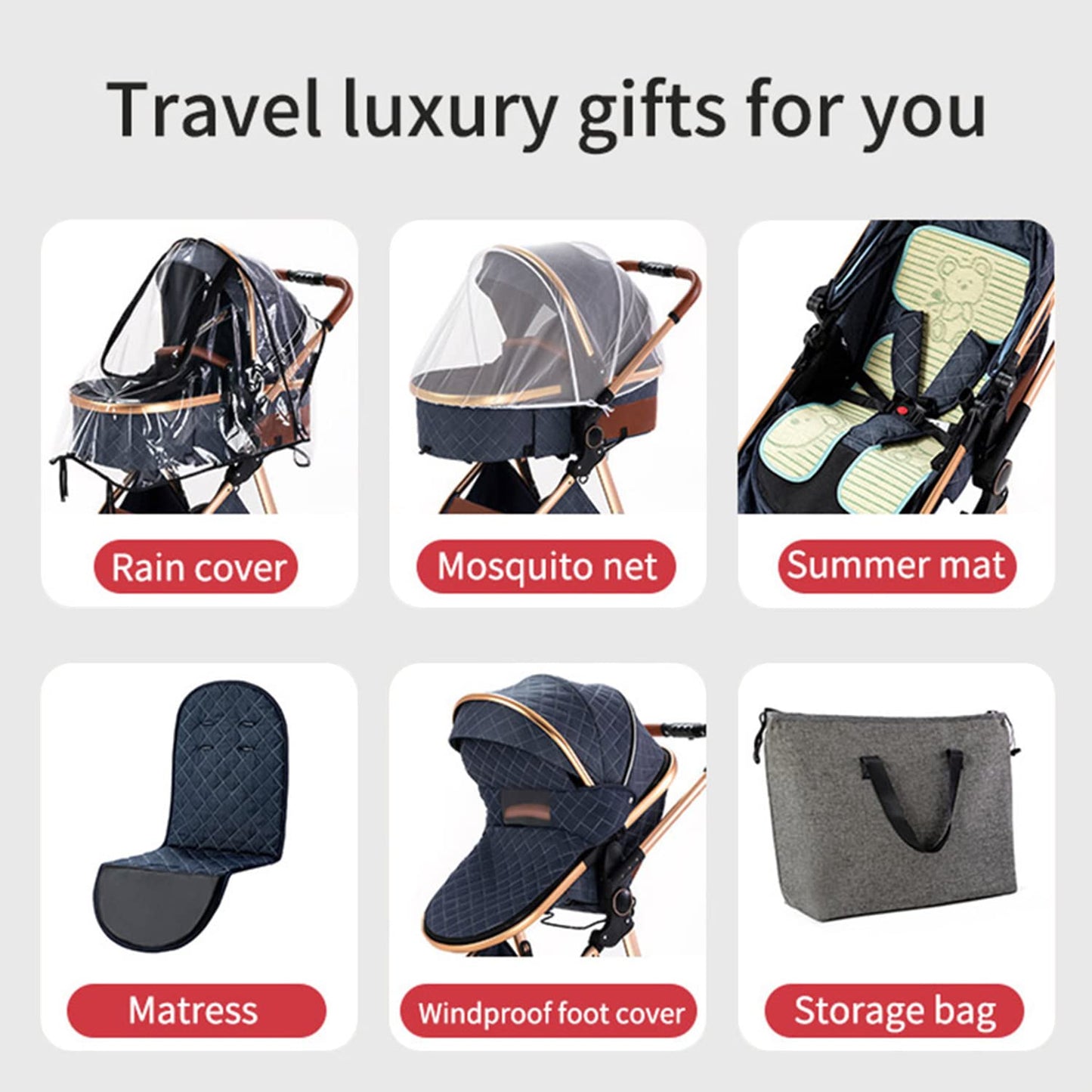 3-in-1 Pram Set with Seat, Baby Bed is Foldable, Adjustable Reclining Position,up to 15 kg, 0-3 Years