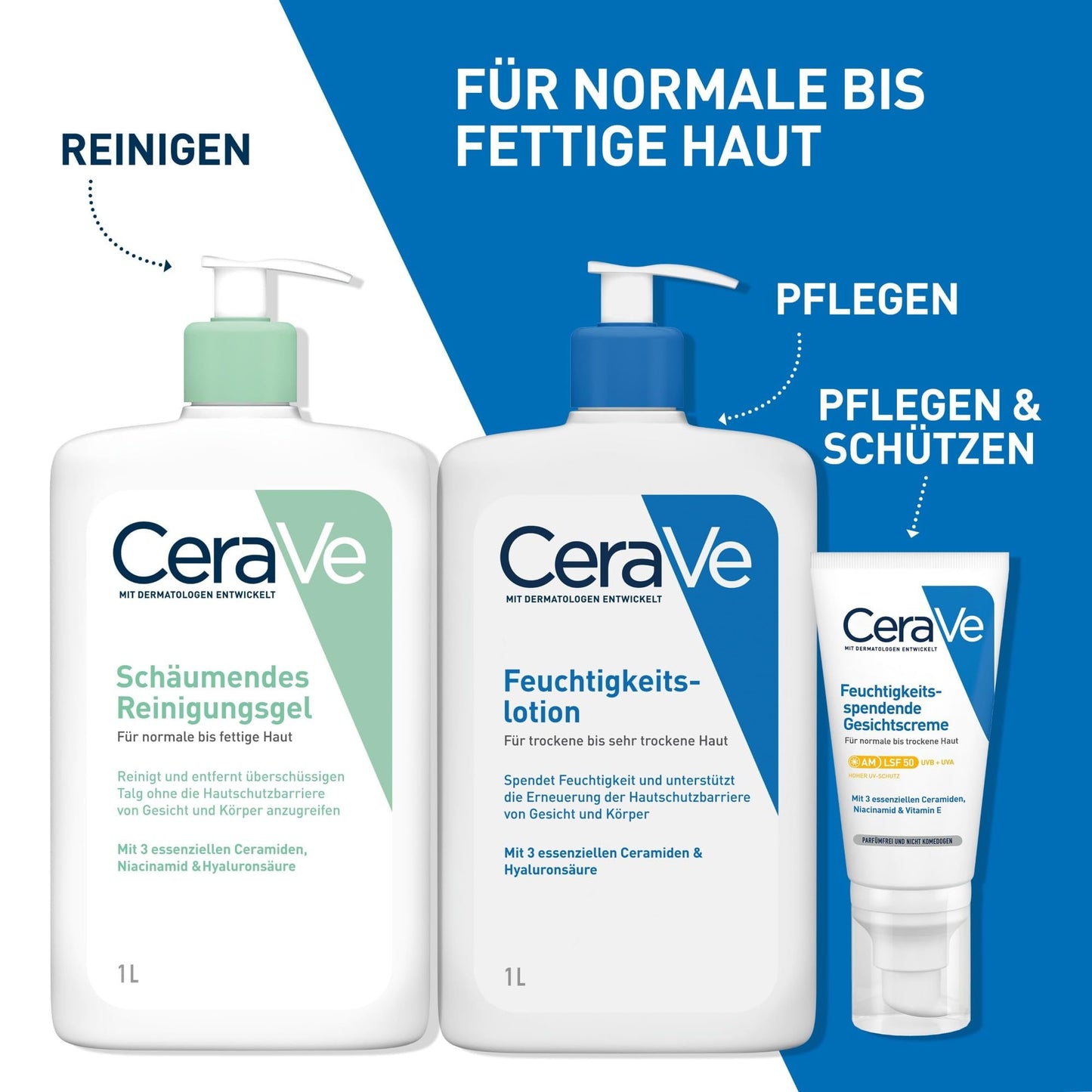 CeraVe Schäumendes Reinigungsgel und Feuchtigkeitslotion, Mit Hyaluronsäure, Für Gesicht und Körper, Ohne Duftstoffe, Auch bei Neurodermitis und Allergien, 473 ml + 88 ml