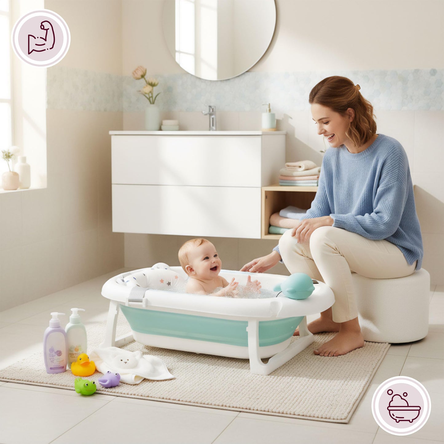 Moby-System Foldable Baby Bathtub with Insert, LCD Thermometer & Frame - Secure Hold from Birth, Ergonomic
