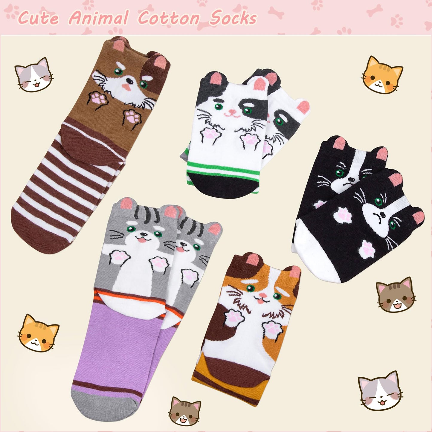 Chalier Cozy 5 Paar Damen Socken Hunde Katzen Motiven, Baumwolle