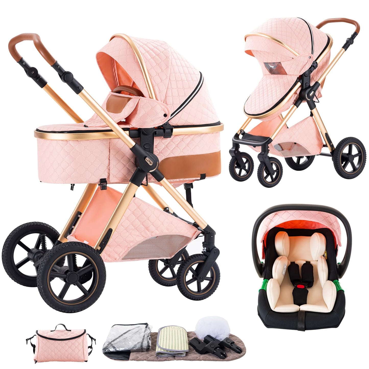 Shineey 3-in-1 Pushchair, Buggy, Foldable Pushchair Set, Combination Pushchair 3-in-1 with Large Comfortable Baby Carrycot Frame, Aluminium Alloy