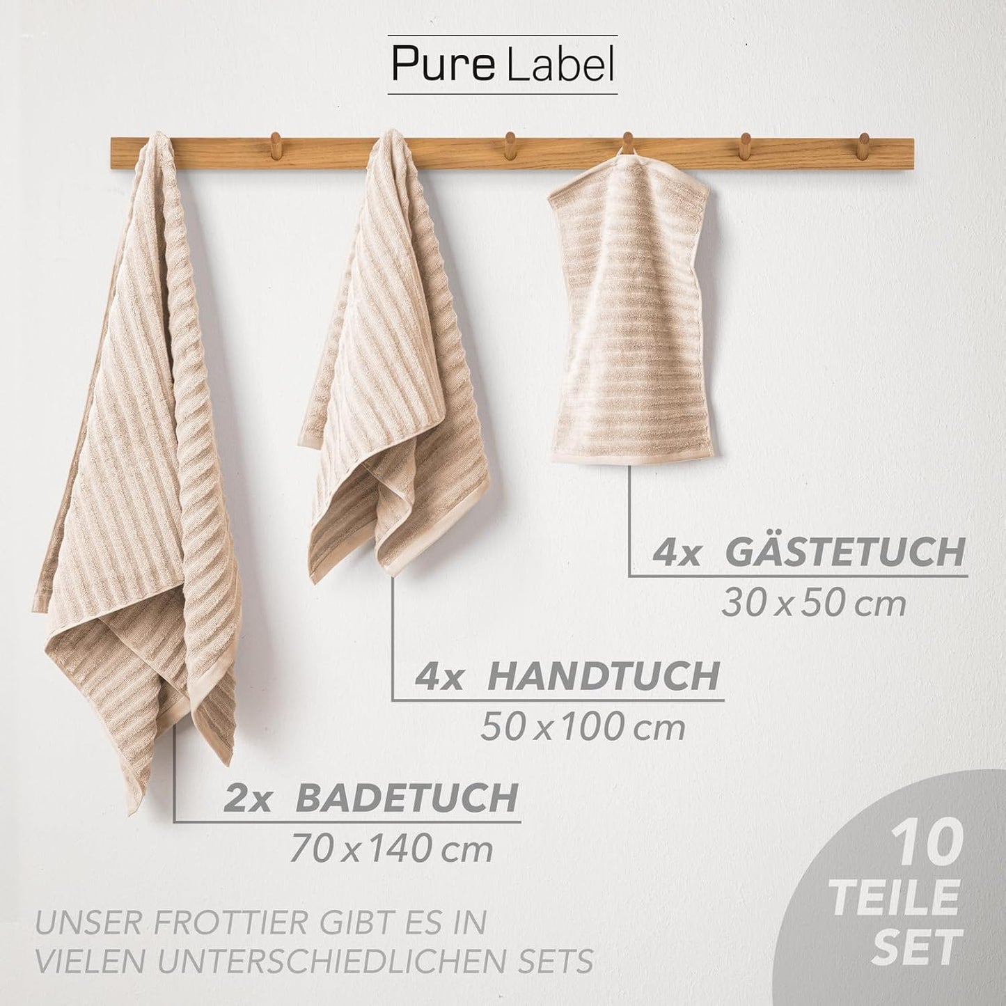 Pure Label 6-Piece Hand Towel Set with Hanging Loops Made of 100% Cotton, Absorbent and Soft, 2 x Bath Towels (70 x 140 cm), 2 x Hand Towels (50 x 100 cm), 2 x Guest Towels (30 x 50 cm),