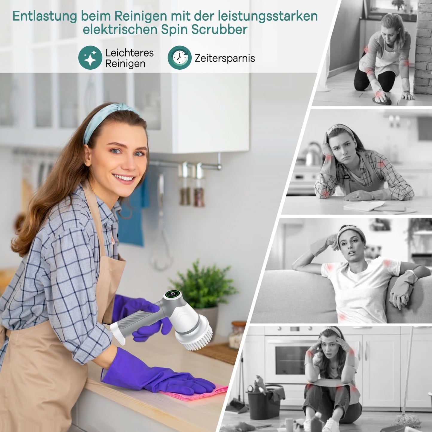 Elektrische Reinigungsbürste, Kabellos Power Spin Scrubber mit 7 Bürstenköpfen, 2 Speed Integrierte übertragung, Cleaning Brush für Fliesen, Duschen, Glas, Bad