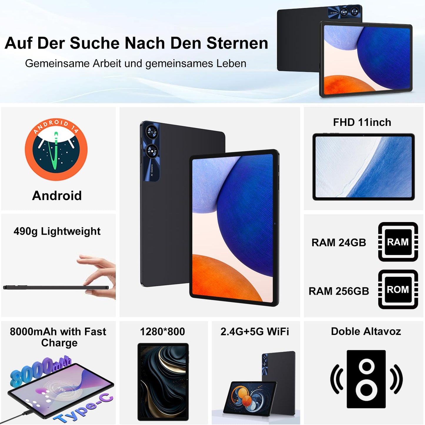 Tablet 11 Zoll Android mit, 24GB RAM 256GB ROM TF 1TB, Octa-Core, GMS, 5G WiFi 6, Bluetooth 5.0