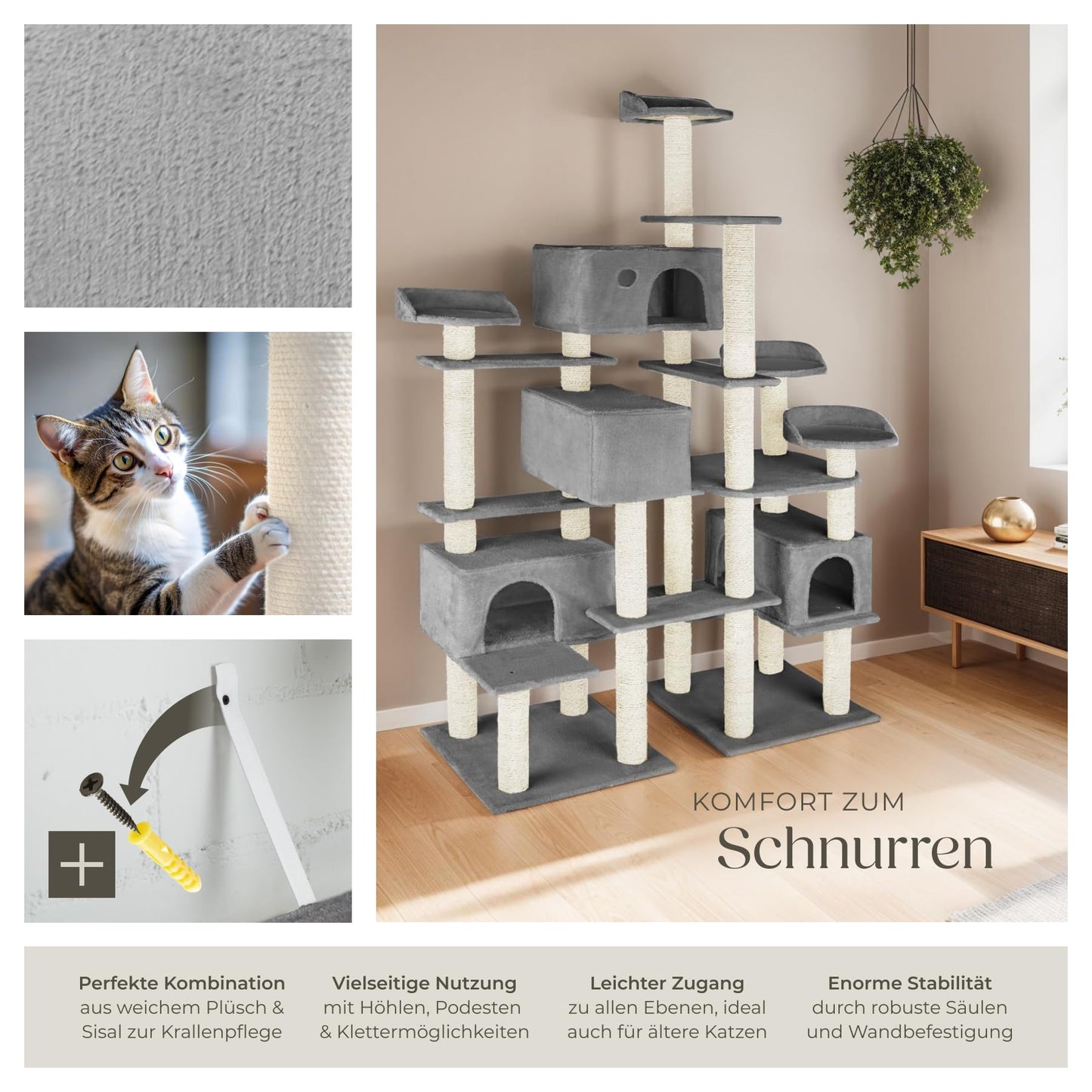 tectake® Katzen Kratzbaum mit Zubehör für Katze groß XXL, Spielturm mit Kratzsäule