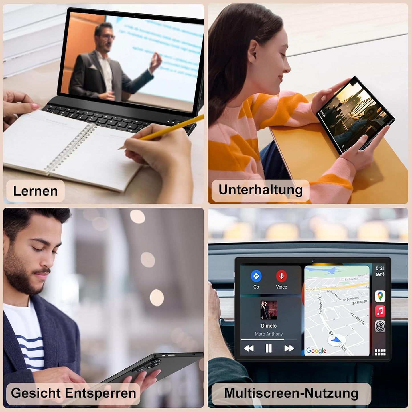 Tablet 10 Zoll Android 14, 22GB RAM 128GB ROM/TF 1TB, Octa-Core Prozessor, 8000mAh, BT5.0, 8MP+5MP, Dual WLAN, Face ID, Widevine L1, Augenschutz, Tablet mit Tastatur & Maus Metallkörper-Schwarz