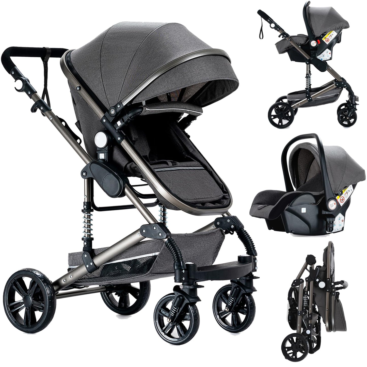 Reenborn 3-in-1 Pushchair, Buggy with Two Reversible Sliding Modes, Pushchair with Frame Aluminium Alloy, Baby Pram, 3-in-1 Complete Set with One-Click Folding Design