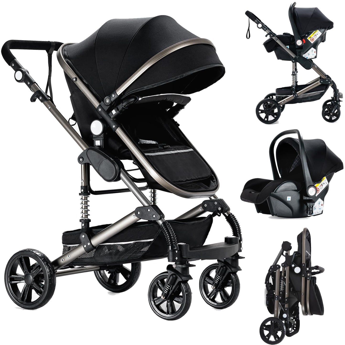 Reenborn 3-in-1 Pushchair, Buggy with Two Reversible Sliding Modes, Pushchair with Frame Aluminium Alloy, Baby Pram, 3-in-1 Complete Set with One-Click Folding Design