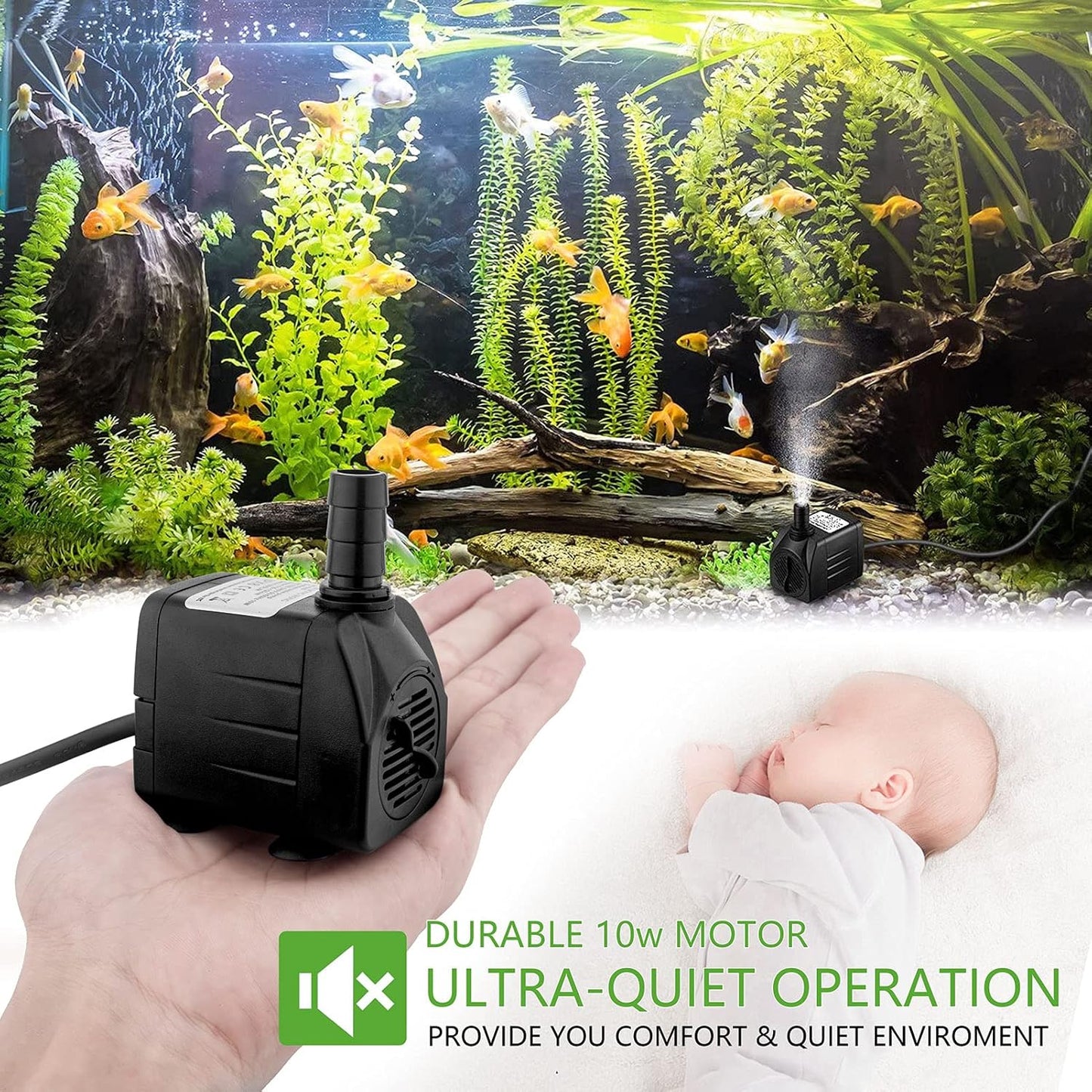 Mini Wasserpumpen, Ultra Leise Aquarium pumpe mit hohem Hub, 2 Düsen für Aquarien