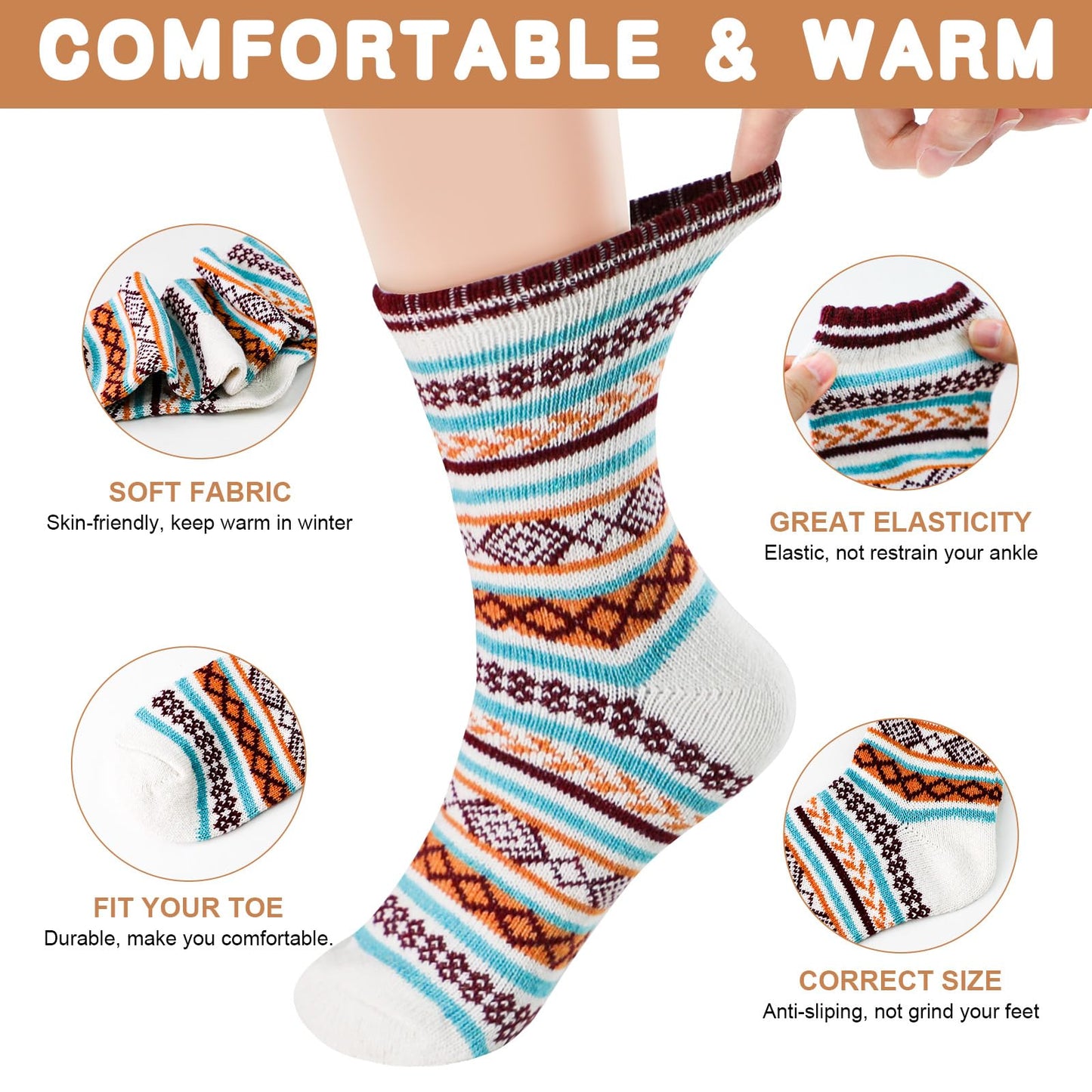 Airabc 5 Pairs of Women's Thermal Socks, Warm Winter Socks, Colourful Cosy and Breathable