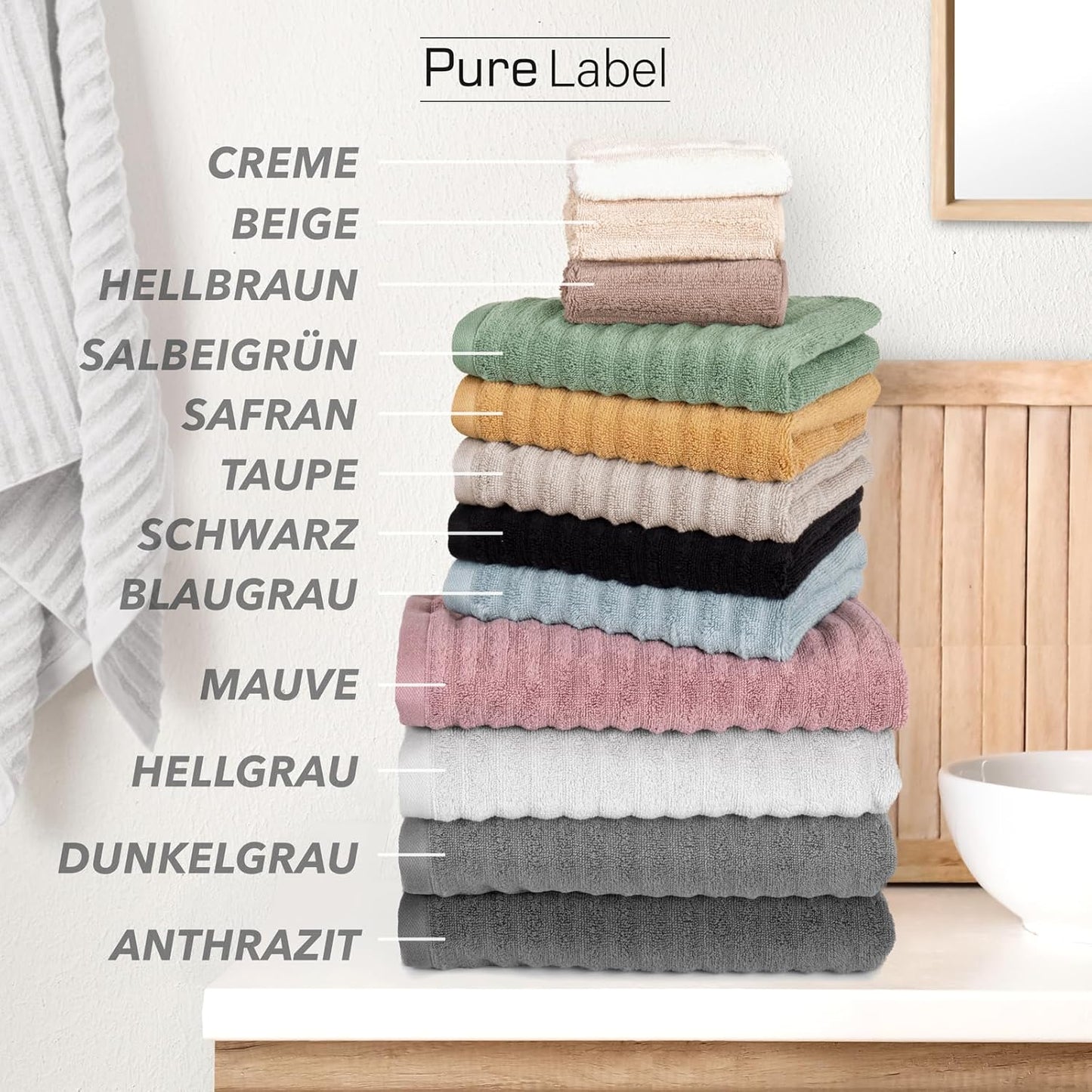 Pure Label 6-Piece Hand Towel Set with Hanging Loops Made of 100% Cotton, Absorbent and Soft, 2 x Bath Towels (70 x 140 cm), 2 x Hand Towels (50 x 100 cm), 2 x Guest Towels (30 x 50 cm),