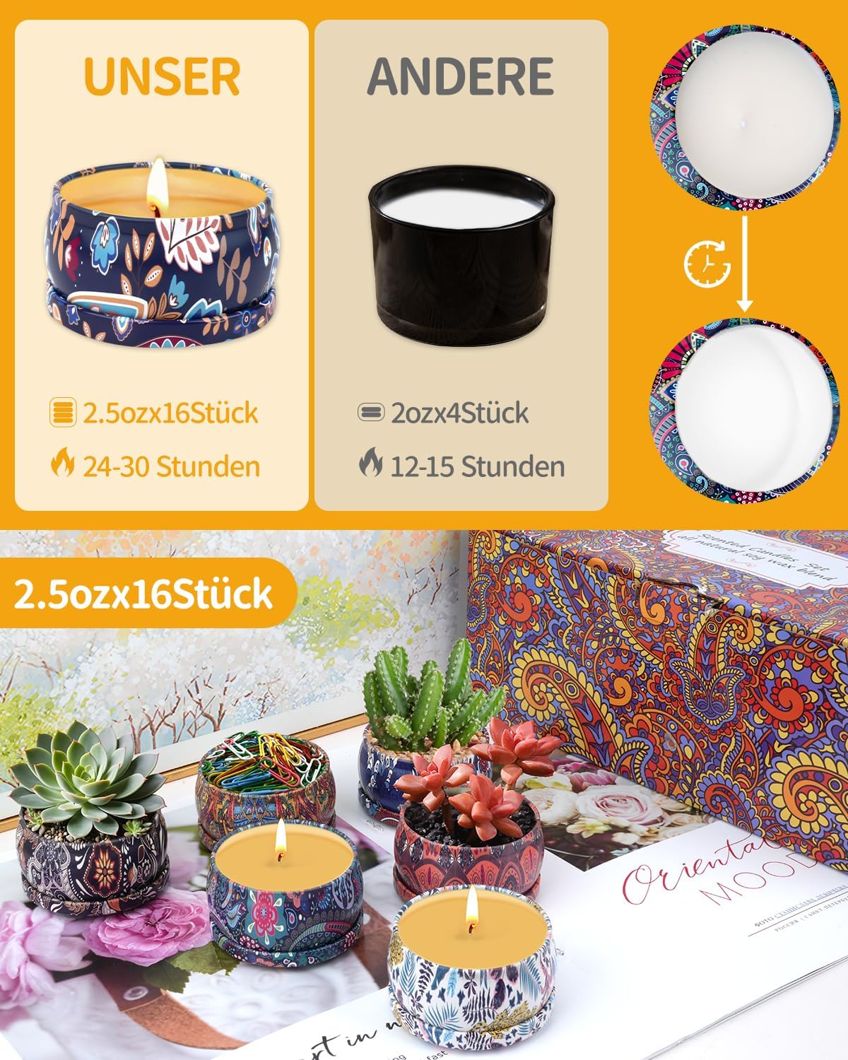 Scented Candle for Women, Scented Candles Gifts, Pack of 16 Scented Candles in Glass, 180 Hours, 100% Soy Wax