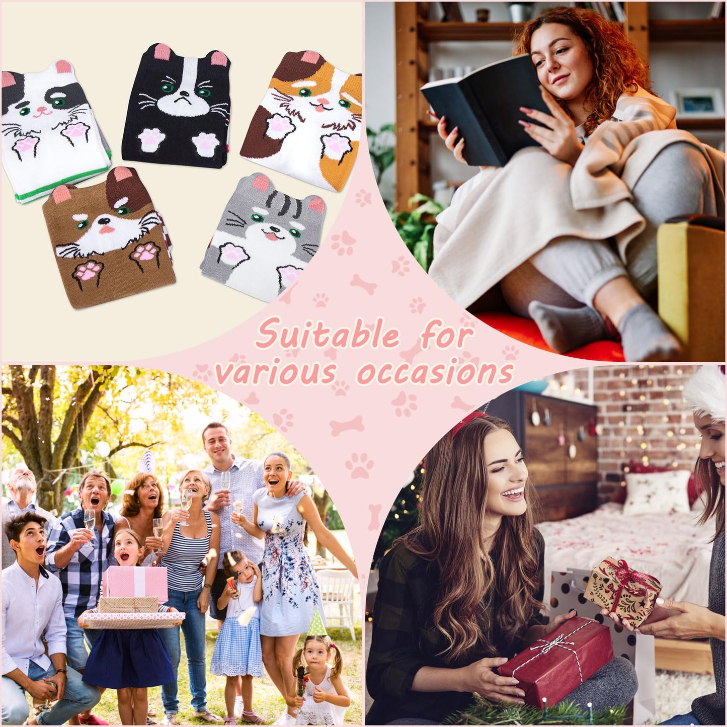 Chalier Cozy 5 Paar Damen Socken Hunde Katzen Motiven, Baumwolle