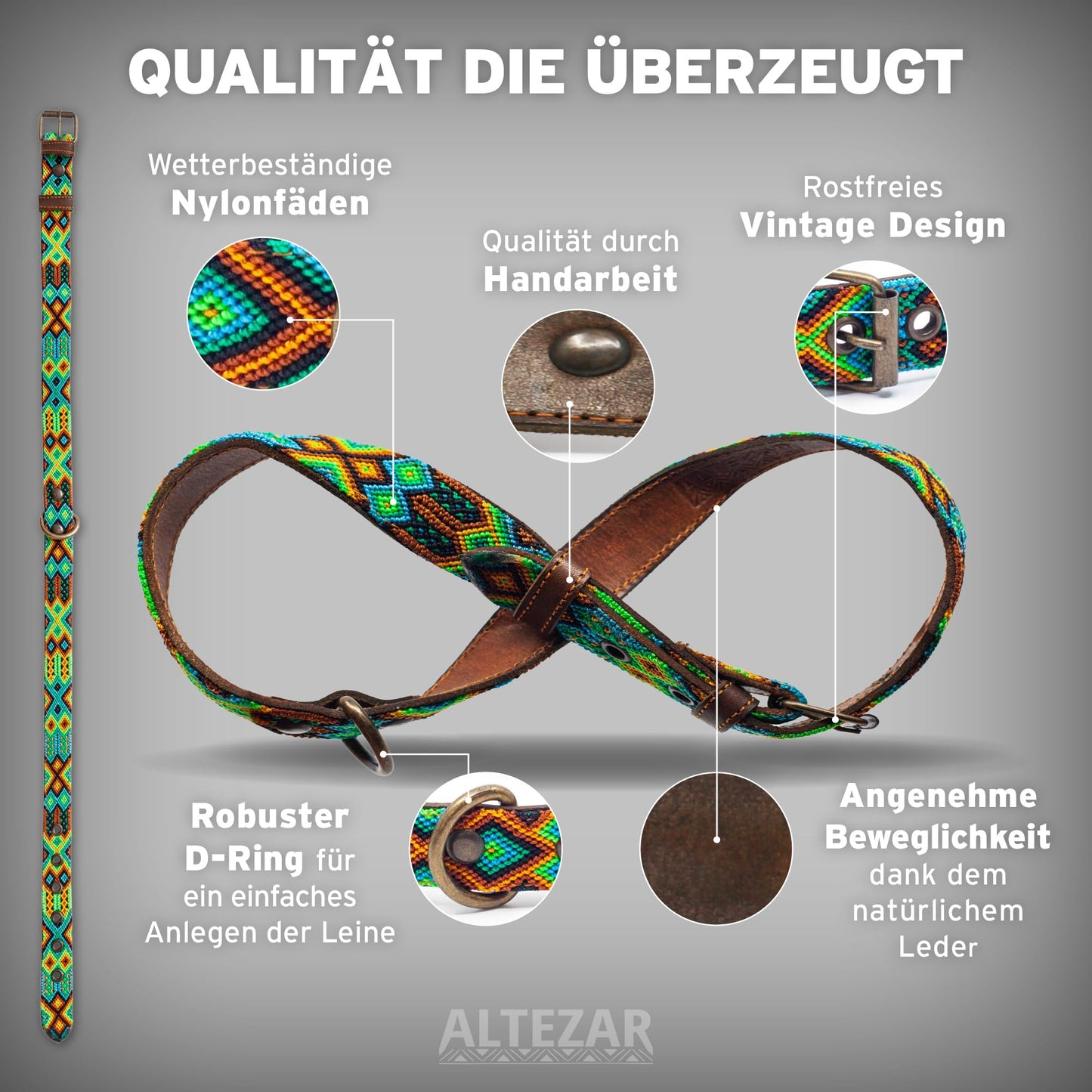 Hundehalsband Leder - braunes Rindsleder Tribal Grün/Braun/Beiges