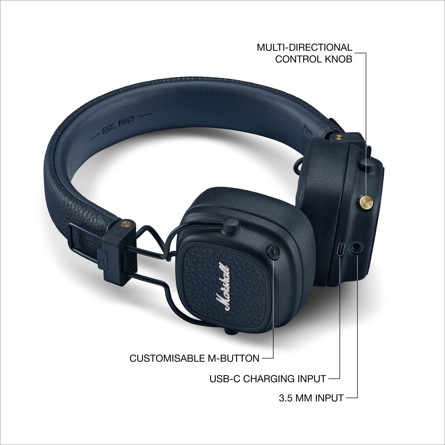 Marshall Major V Bluetooth Headphones, 100 Hours Playtime - Black
