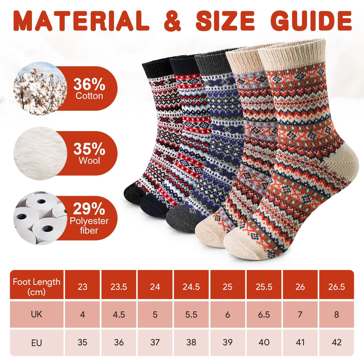 Airabc 5 Pairs of Women's Thermal Socks, Warm Winter Socks, Colourful Cosy and Breathable