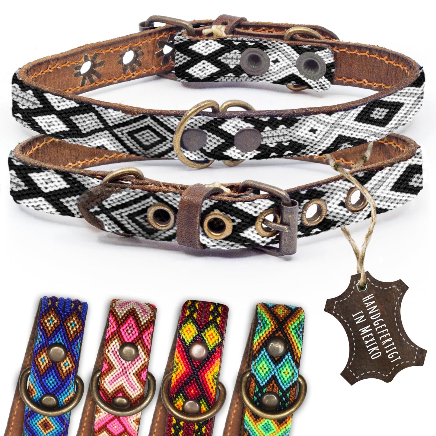 Hundehalsband Leder - braunes Rindsleder Tribal Grün/Braun/Beiges