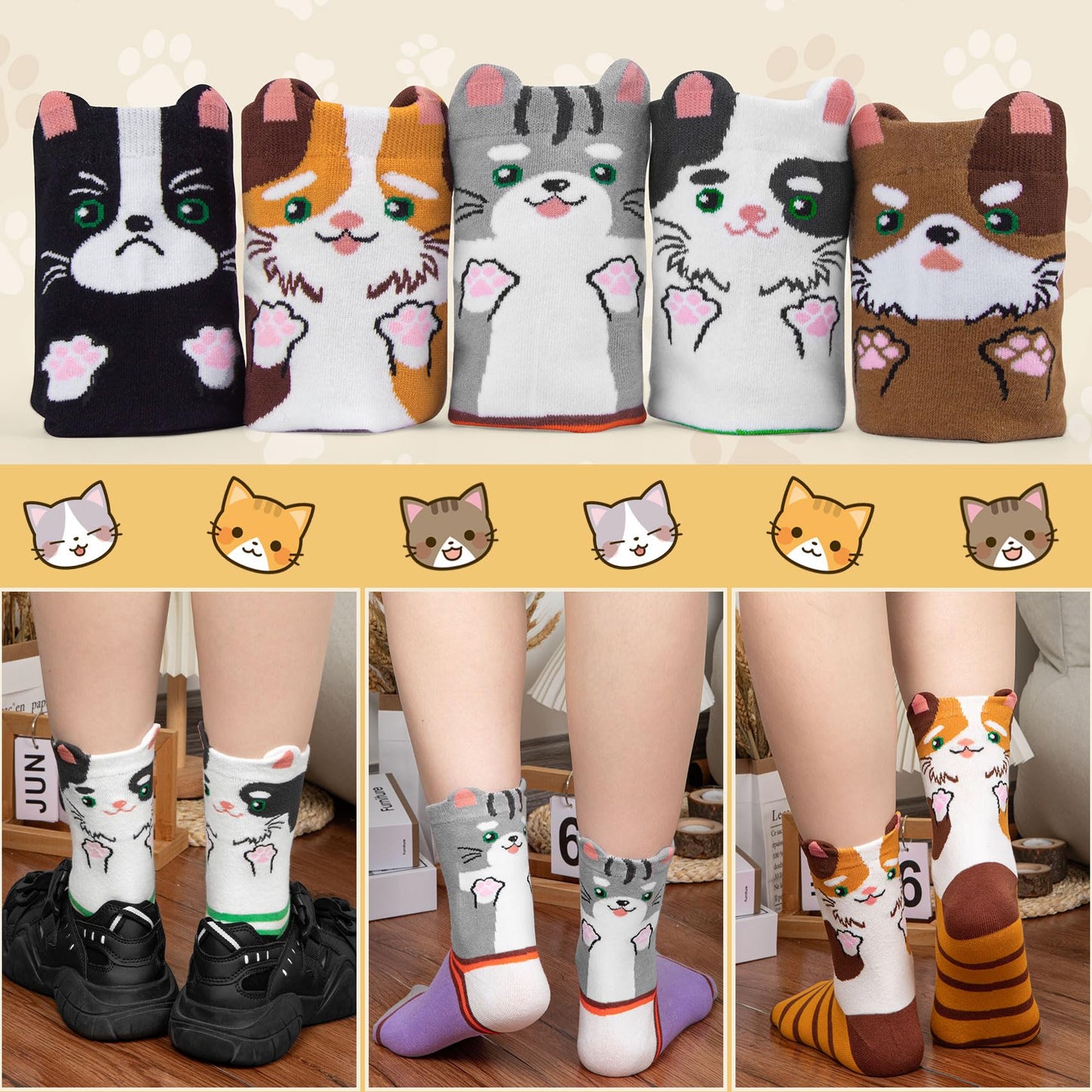 Chalier Cozy 5 Paar Damen Socken Hunde Katzen Motiven, Baumwolle