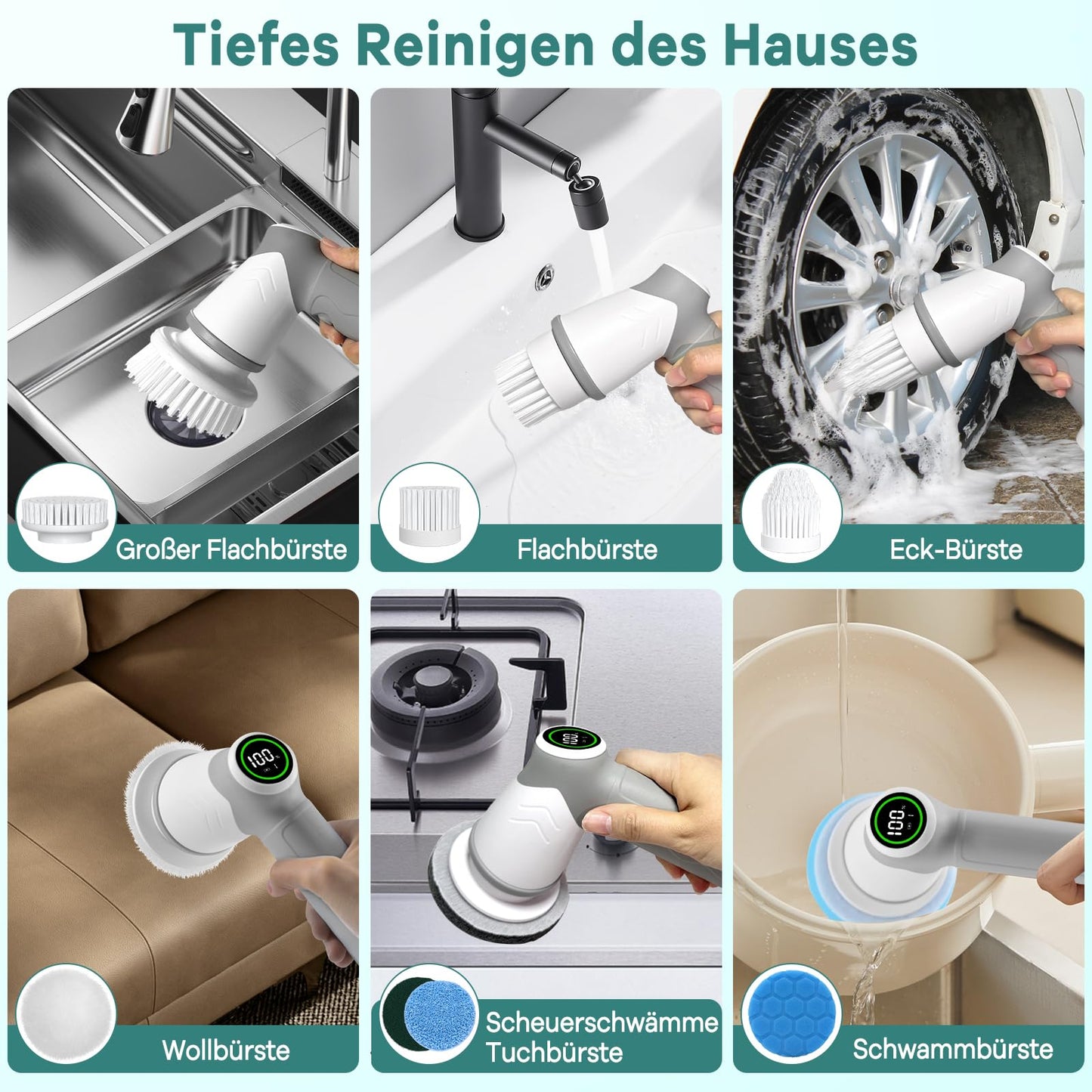 Elektrische Reinigungsbürste, Kabellos Power Spin Scrubber mit 7 Bürstenköpfen, 2 Speed Integrierte übertragung, Cleaning Brush für Fliesen, Duschen, Glas, Bad