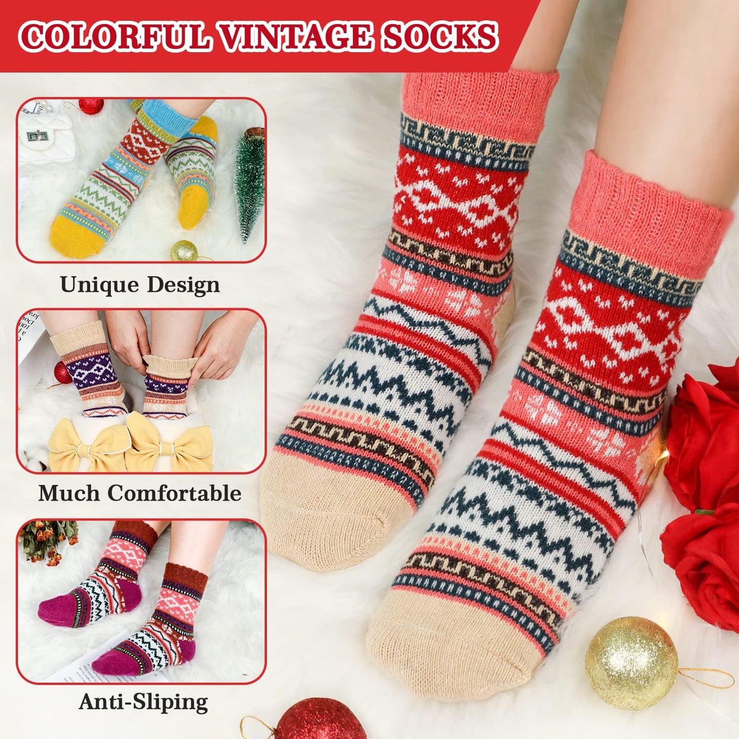 Airabc 5 Pairs of Women's Thermal Socks, Warm Winter Socks, Colourful Cosy and Breathable