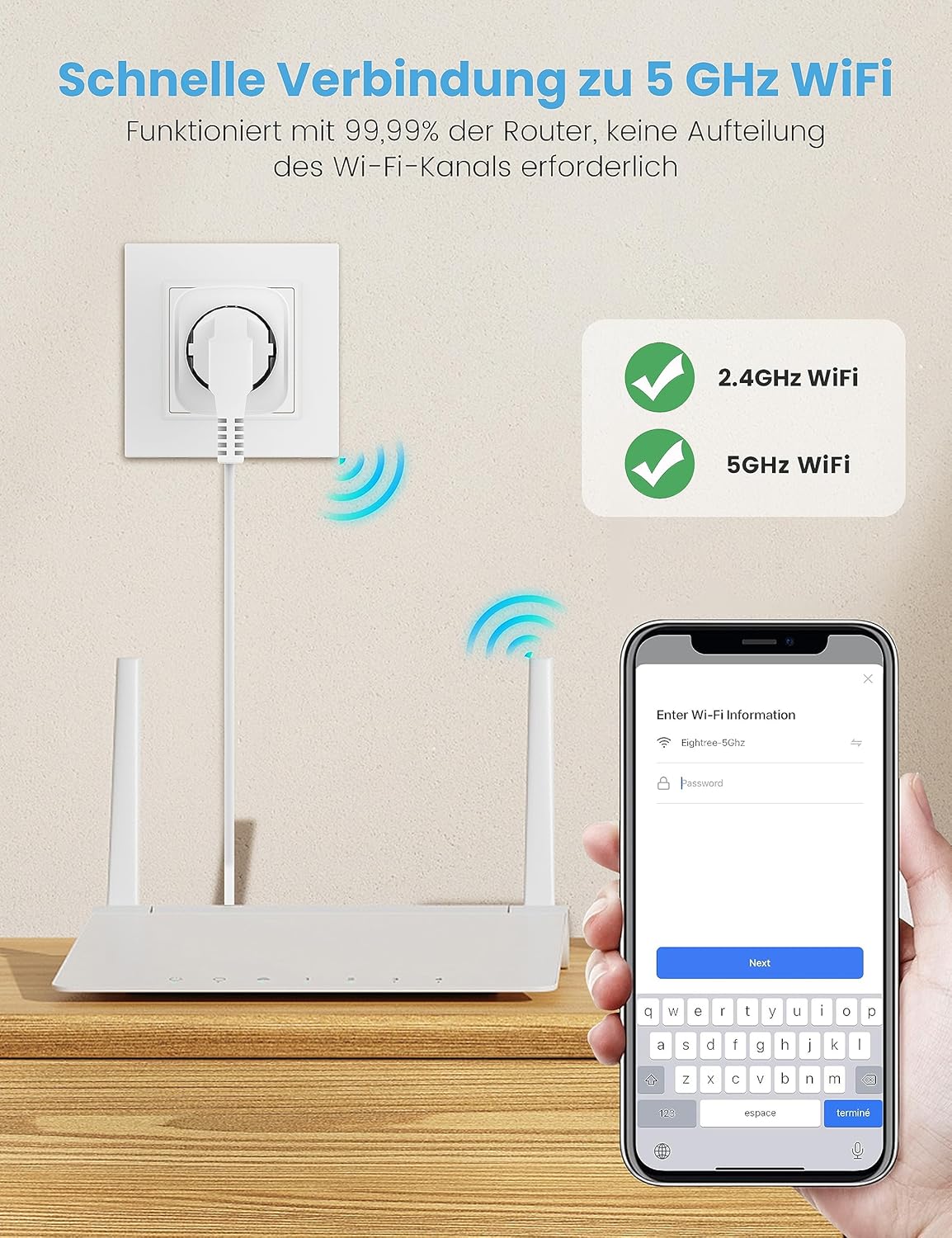 WLAN Smart Socket 2.4 GHz & 5 GHz, Smart Home WiFi Socket Compatible with Alexa/Google Home/SmartThings, Power Consumption Measurement