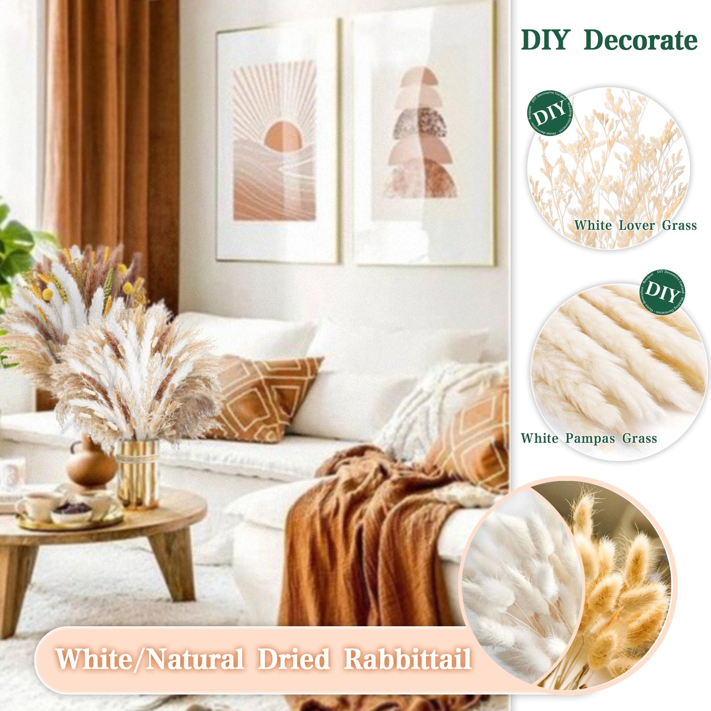 Pampasgras Getrocknet - Natürliche, Braun, Trockenblumen Strauß Dried Flowers, für Heim Decor