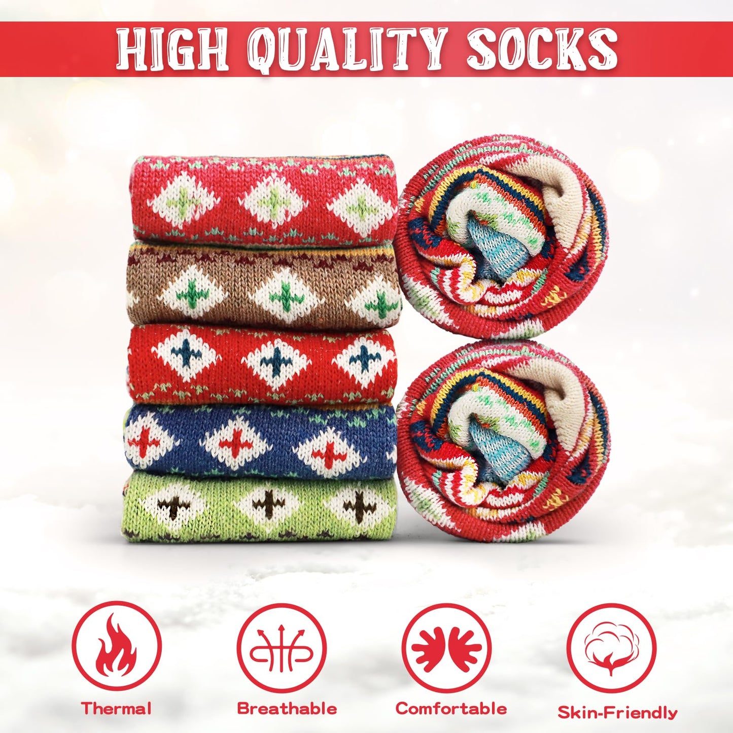 Airabc 5 Pairs of Women's Thermal Socks, Warm Winter Socks, Colourful Cosy and Breathable