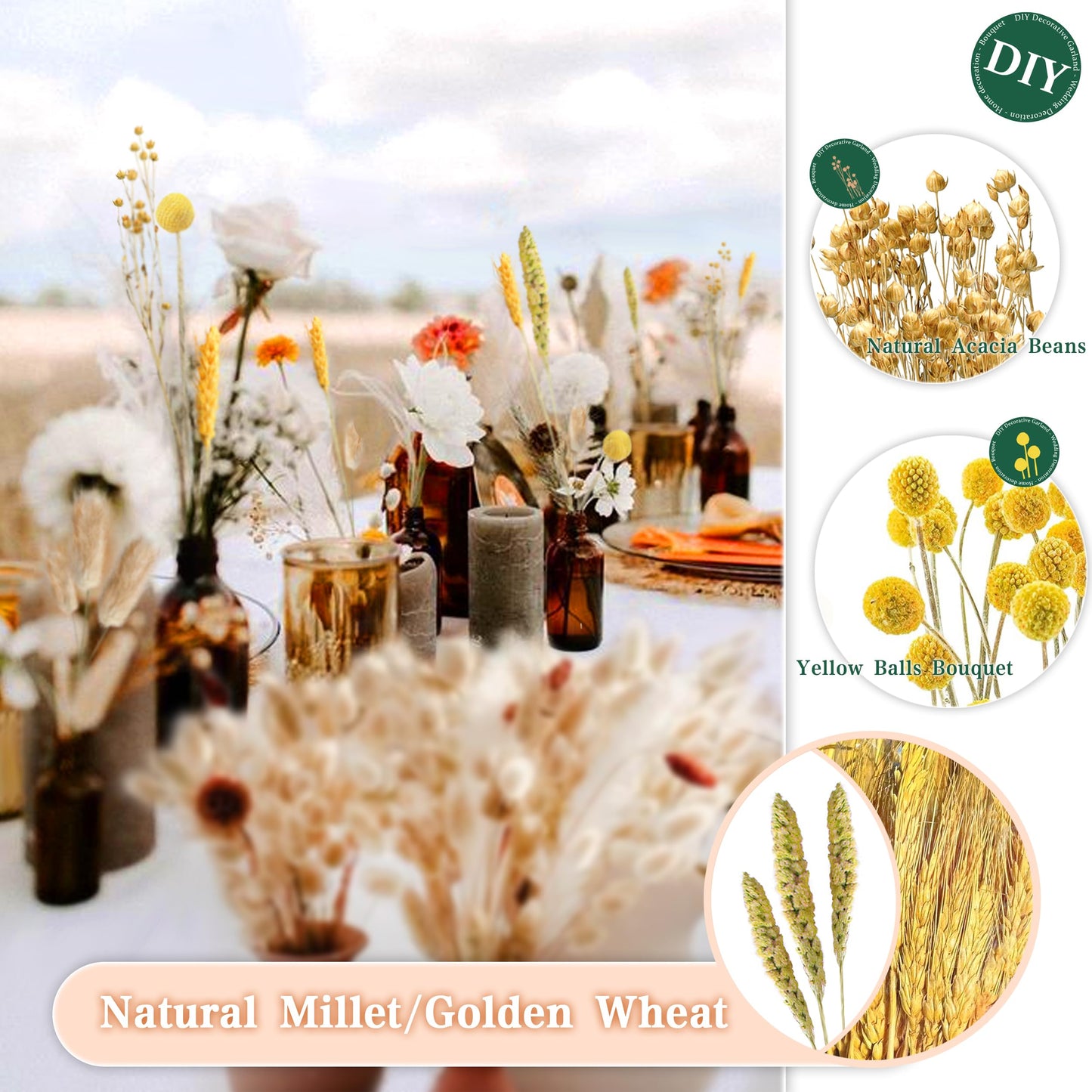 Pampasgras Getrocknet - Natürliche, Braun, Trockenblumen Strauß Dried Flowers, für Heim Decor