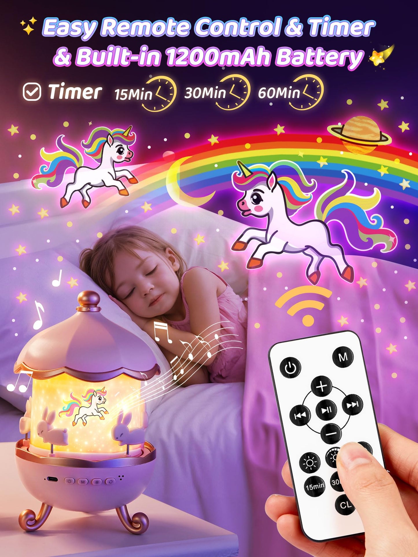 Starry Sky Projector Baby with 15 Films, Music Box Unicorn with 15 Music, 7 Colours Bedside Lamp, Night Light, Unicorn Toy, Girls Toy, Children's Room Decoration