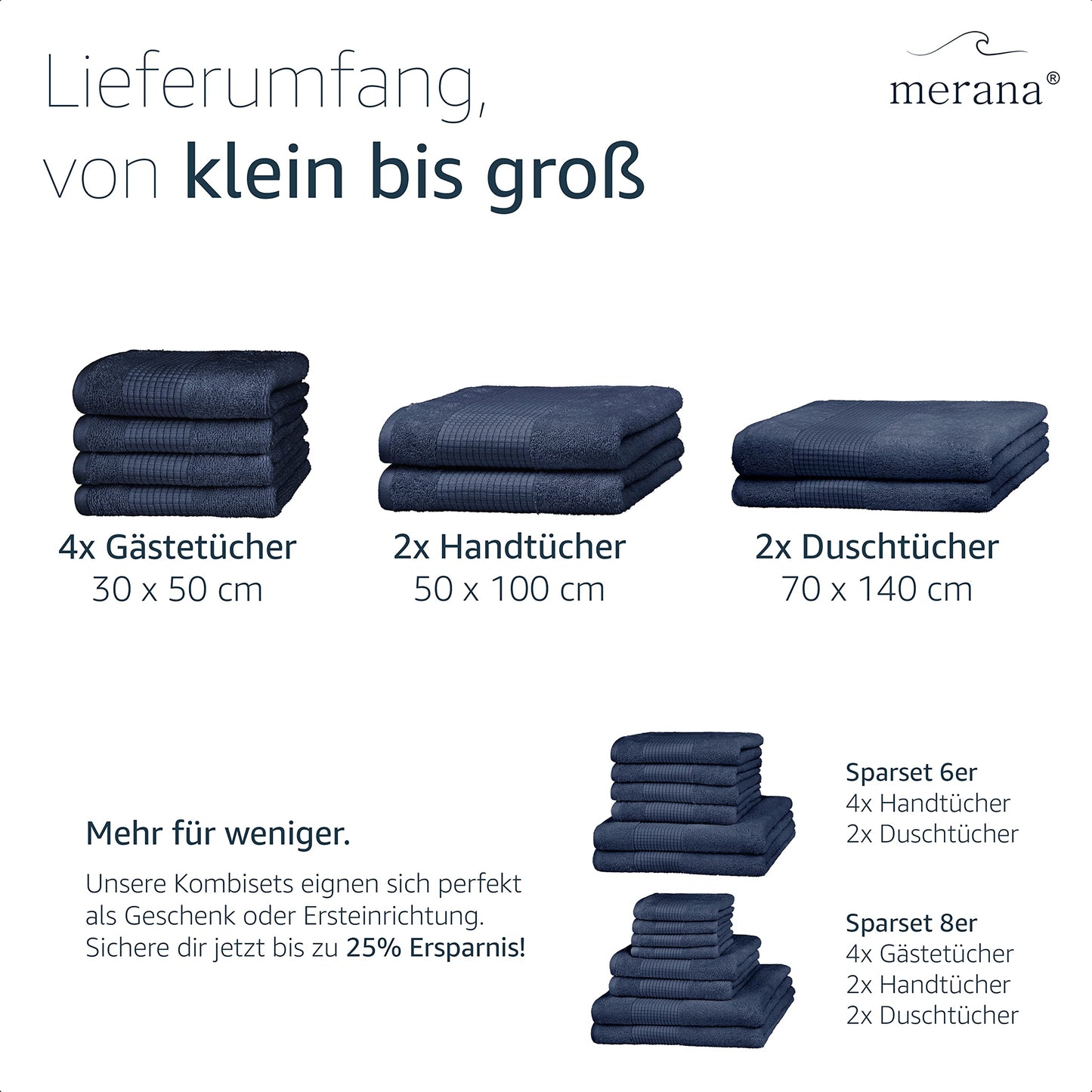 Merana Rome Handtuch Set | saugstark, weich und fusselfrei | Frottier Luxus Qualität | 100% Baumwolle | Oeko-TEX | 4 x Gästetücher (30x50cm))
