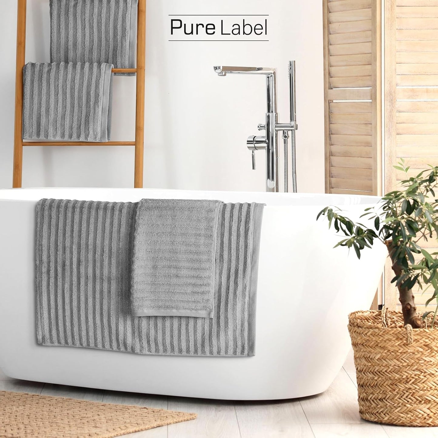 Pure Label 6-Piece Hand Towel Set with Hanging Loops Made of 100% Cotton, Absorbent and Soft, 2 x Bath Towels (70 x 140 cm), 2 x Hand Towels (50 x 100 cm), 2 x Guest Towels (30 x 50 cm),
