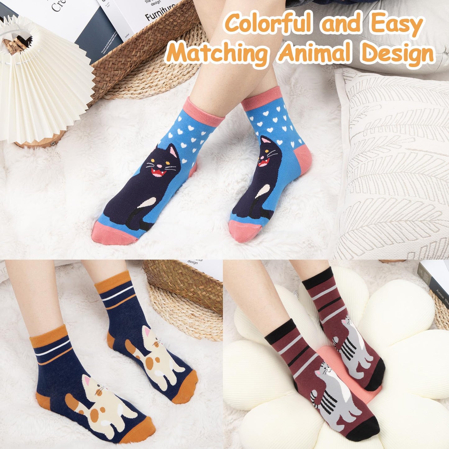 Chalier Cozy 5 Paar Damen Socken Hunde Katzen Motiven, Baumwolle