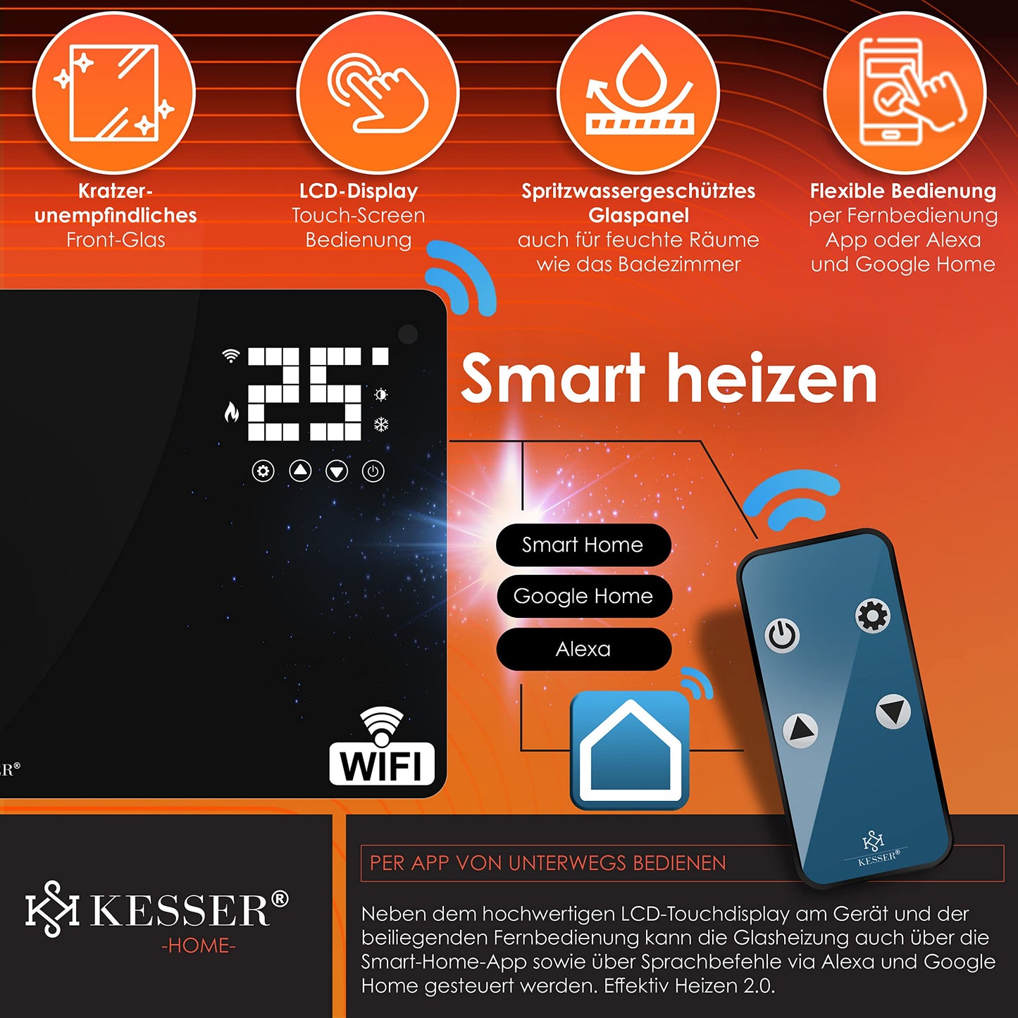 KESSER® Glass Convector, Glass Heater, Electric Radiator, WiFi App Function, Includes Remote Control Electric Heater Standing or Wall Heating Radiator | Touch Screen | LCD Display | Timer | 2500 Watt