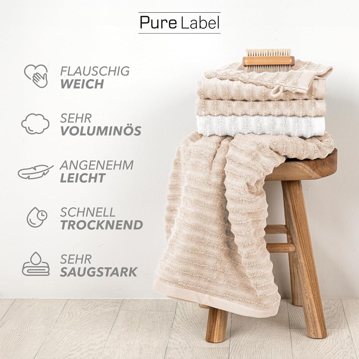 Pure Label 6-Piece Hand Towel Set with Hanging Loops Made of 100% Cotton, Absorbent and Soft, 2 x Bath Towels (70 x 140 cm), 2 x Hand Towels (50 x 100 cm), 2 x Guest Towels (30 x 50 cm),