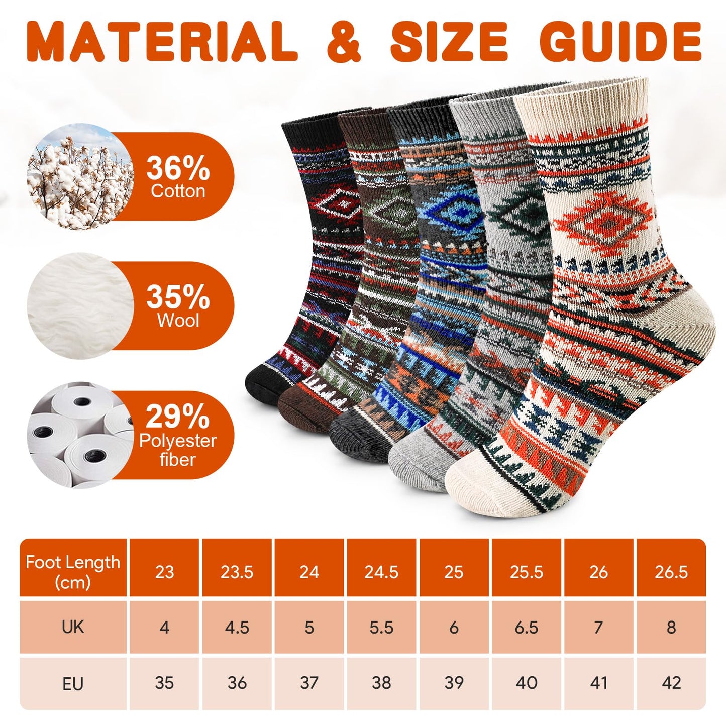 Airabc 5 Pairs of Women's Thermal Socks, Warm Winter Socks, Colourful Cosy and Breathable